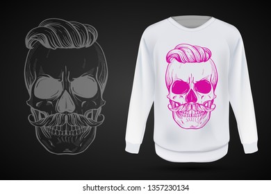 Angry skull with moustaches and hairstyle, line art. Vector illustration, EPS 10