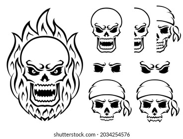 Angry skull. Outline silhouette. Design element. Vector illustration isolated on white background. Template for books, stickers, posters, cards, clothes.