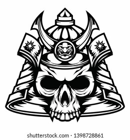 Angry Skull Samurai Head in black and white