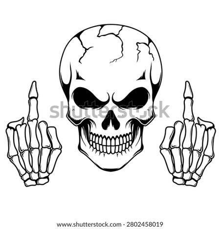 Angry skull with skeleton hands showing middle finger vector illustration