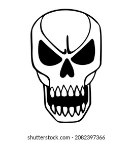 Angry skull, thin line art. Devilish face of death. Human skeleton bones. Hand drawn vector illustration. Black and white isolated doodle element, icon, logo.