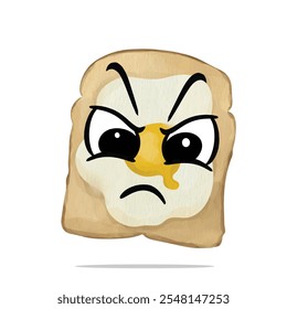 angry sliced bread with egg mascot illustration for design. vintage, watercolor, decorative and texture concept. food, breakfast, menu, kitchen, cooking, baked and pastry themes