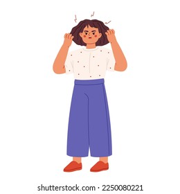 Angry small girl screaming. Child in tantrum aggressine crying and holding fists. Stressed little kid arguing and bullying. Children emotions concept. Cartoon flat vector illustration
