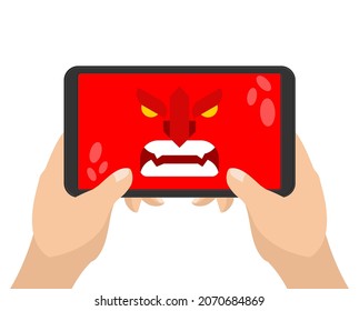 Smartphone enojado. teléfono gruñón. Rojo con gadget furioso