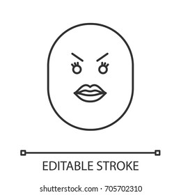 Angry smile with female lips linear icon. Thin line illustration. Bad mood contour symbol. Vector isolated outline drawing. Editable stroke