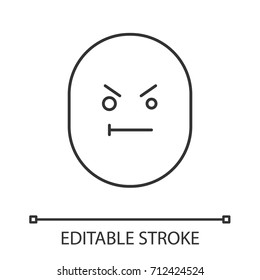 Angry smile linear icon. Thin line illustration. Frowned face. Contour symbol. Vector isolated outline drawing. Editable stroke
