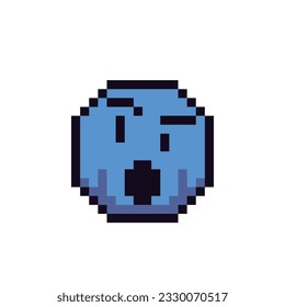 Wütendes Lächeln mit überraschtem Gesicht und eine Augenbraue hat Pixelkunstsymbol erhöht. Zeige die Sprache der Emotionen. Flacher Stil. 8-Bit-Stil. Abstrakte einzelne Vektorgrafik.