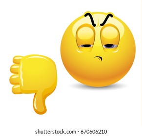 Angry smiley showing thumb down. Emoticon thumb down showing negative assessment.
