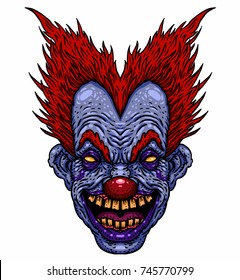 Angry smiling cartoon clown. Halloween circus character on white background. Vector illustration