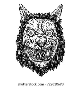 Angry smiling cunning wolf mascot head. Werewolf blackwork tattoo flash concept isolated on white. Detailed wolf face with scary eyes illustration. Vector.