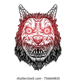 Angry smiling cunning wolf mascot head. Werewolf blackwork tattoo flash concept isolated on white. Detailed wolf face with red eyes illustration. Vector.