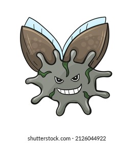Angry smiling flying cartoon monster in gray colors. Vector isolated on white.