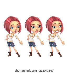 Angry, smiling, happy reaction moods cartoon girl woman character.  Isolated on white set.  Vector clip art