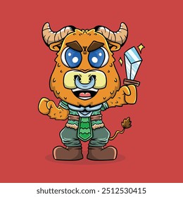Angry Smiling Ox with Sword Mascot Cartoon Character Illustration