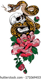 Angry snake coiled around the broken human skull and peony flower. Tattoo. Vector illustration