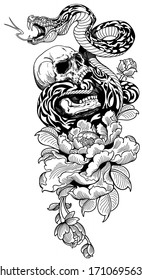 Angry snake coiled around the broken human skull and peony flower. Black and white tattoo. Vector illustration