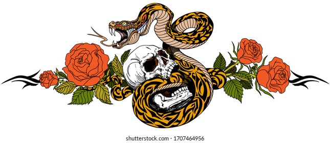 Angry snake coiled around the human skull and rose flowers. Tattoo. Vector illustration