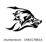angry snarling wolf profile head - ferocious animal profile black and white vector mascot design