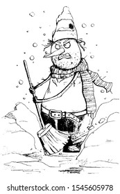 Angry snowman clean the snow. Funny cartoon character. Vector illustration