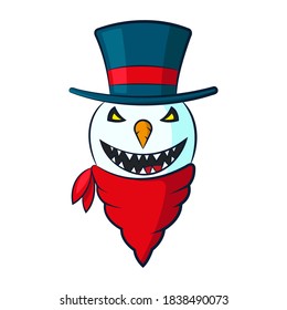 Angry snowman with hat and bandana icon. Cartoon character. Front view. Colored contour silhouette. Vector flat graphic hand drawn illustration. The isolated object on a white background. Isolate.