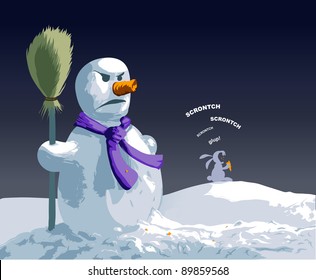 Angry Snowman - A hungry rabbit just stole poor snowman's carrot nose. Vector illustration