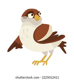 Angry sparrow pointing at ground cartoon illustration. Cute funny small brown bird standing, showing something on white background. Animal, wildlife concept.