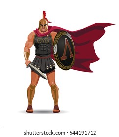 Angry Spartan Warrior With Armor And Hoplite Shield