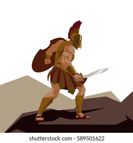 Angry spartan warrior with armor and hoplite shield holding a sword