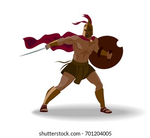Angry spartan warrior with armor and hoplite shield holding a sword. Isolated. Vector illustration