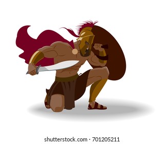 Angry spartan warrior with armor and hoplite shield holding a sword. Isolated. Vector illustration