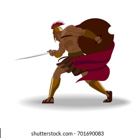 Angry spartan warrior with armor and hoplite shield holding a sword. Isolated. Vector illustration
