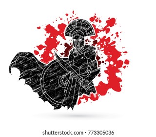Angry Spartan warrior with Sword and shield designed on splatter blood background graphic vector.