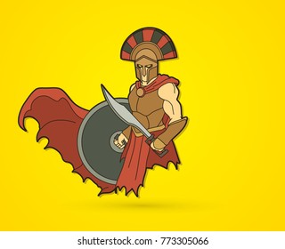 Angry Spartan warrior with Sword and shield graphic vector.