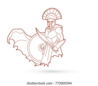 Angry Spartan warrior with Sword and shield outline graphic vector.