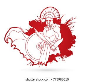 Angry Spartan warrior with Sword and shield designed on splatter blood graphic vector.