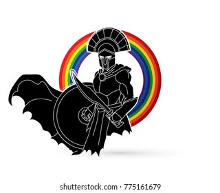 Angry Spartan warrior with Sword and shield designed on line rainbow background graphic vector.