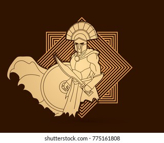 Angry Spartan warrior with Sword and shield designed on line square background graphic vector.