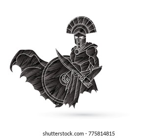Angry Spartan warrior with Sword and shield designed using grunge brush graphic vector
