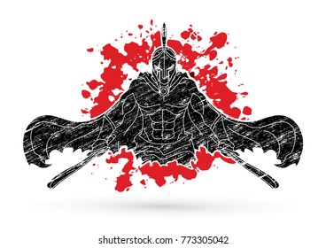 Angry Spartan warrior with Swords designed on splatter blood background graphic vector.
