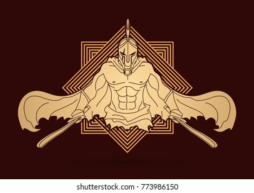 Angry Spartan warrior with Swords  designed on line square graphic vector.