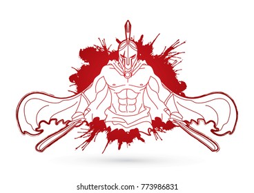Angry Spartan warrior with Swords  designed on splatter blood graphic vector.