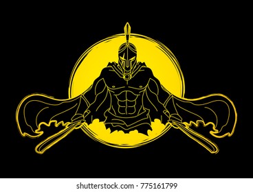 Angry Spartan warrior with Swords  designed on grunge cycle background graphic vector.