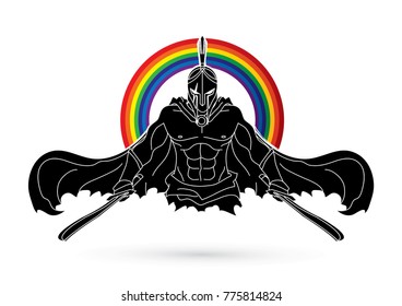 Angry Spartan warrior with Swords  designed on rainbows background graphic vector.