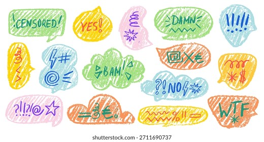  Burbuja de discurso enojado con palabras groseras e icono de cráneo. Marco de dibujos animados de estilo cómico dibujado en textura de crayón.  Ideal para escenas de diálogo que muestran emociones intensas y lenguaje ofensivo