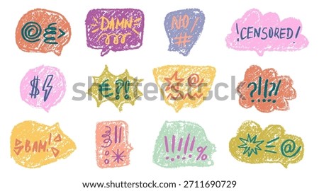  Angry speech bubble with swear words and skull icon. Comic-style cartoon frame drawn in crayon texture.  Ideal for dialog scenes showing intense emotion and offensive language