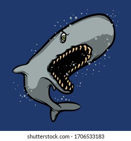 Angry sperm whale character. Deep sea creature vector illustration isolated on blue background