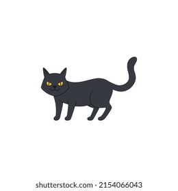 Angry and spooky black cat as symbol of bad luck, flat vector illustration isolated on white background. Cartoon character of animal. Misfortune omen. Halloween and superstition concepts.