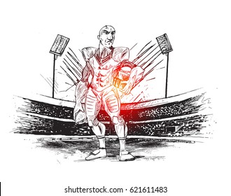 Angry Sportsman with rugby ball against stadium freehand sketch graphic design, vector illustration 