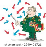 Angry staff general with a pointer at a confusing map of military operations at a meeting in army headquarters, vector cartoon illustration on a white background