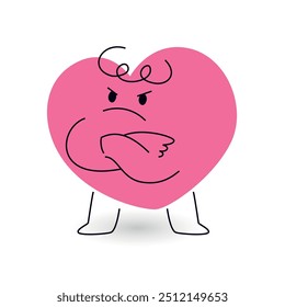 angry standing heart mascot with hands crossed. disapproval conversation. reaction or communication emoji. vector illustration on white bg. editable stroke